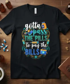 Gotta Pass The Pills To Pay The Bills t-shirt with medical icons and bold text
