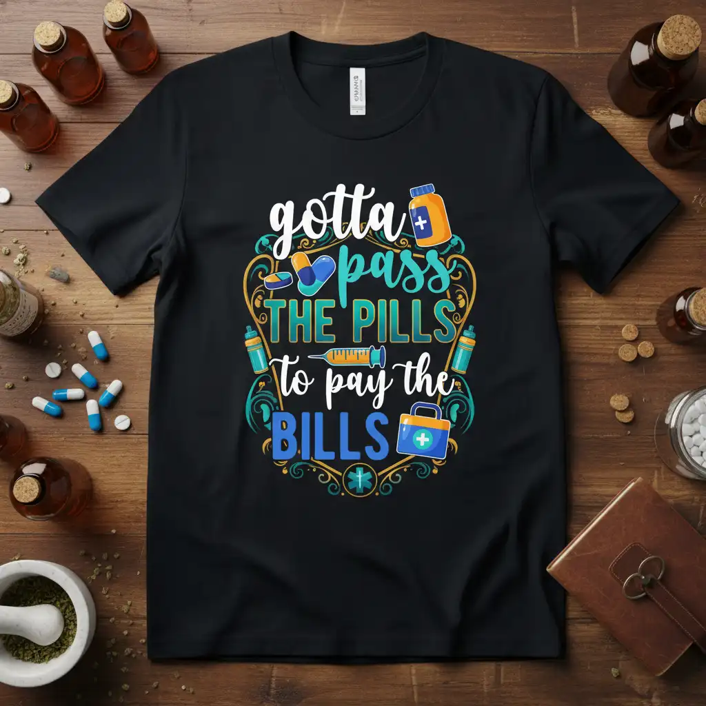 Gotta Pass The Pills To Pay The Bills quote on a black t-shirt with medical graphics