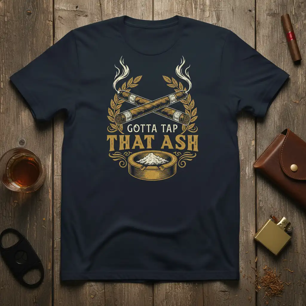 Gotta Tap That Ash quote with crossed cigars and ash graphic on a t-shirt