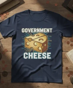 Government Cheese T-Shirt with bold text and a graphic of cheese integrated with circuitry