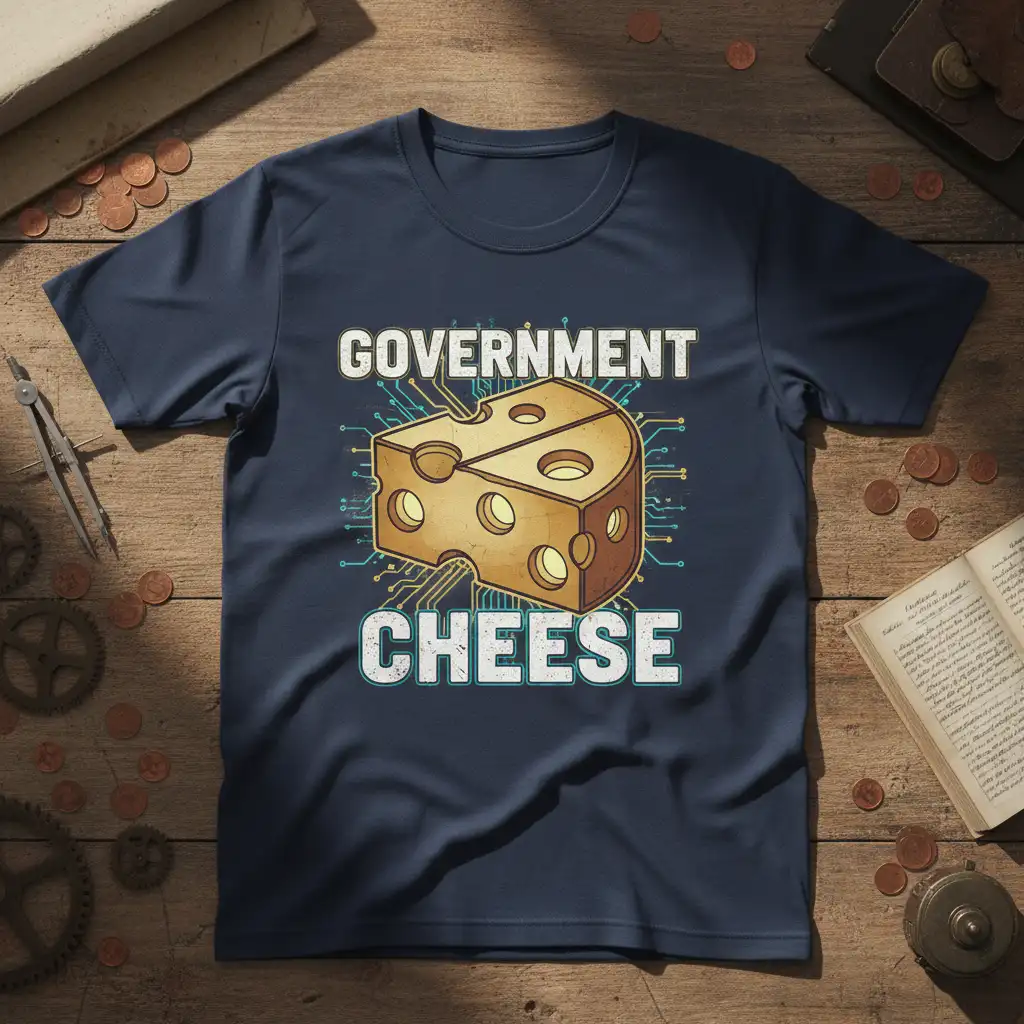 Government Cheese humorous political satire t-shirt design with circuitry graphic