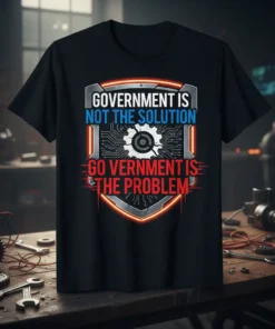 Black t-shirt with "Government Is Not The Solution Go Verment Is The Problem" quote and a gear graphic