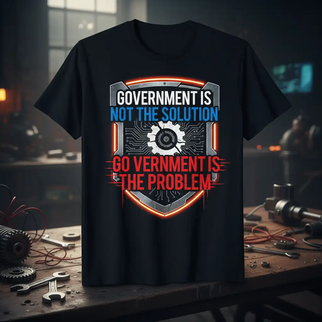 Government Is Not The Solution Go Verment Is The Problem quote on a black t-shirt with tech graphic