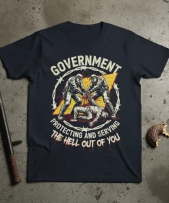 Government Protecting and Serving The Hell Out Of You t-shirt design with distressed text and graphic of officers subduing a