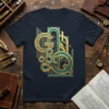 Art Deco inspired GQ&GQ UP, WHAT ME quote t-shirt with gold and teal geometric design and gears