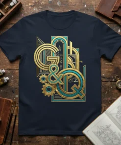 Art Deco inspired GQ&GQ UP, WHAT ME quote t-shirt with gold and teal geometric design and gears