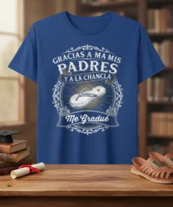 T-shirt with Spanish text "Gracias A Ma Mis Padres Y A La Chancla Me Gradué" and a flip-flop graphic