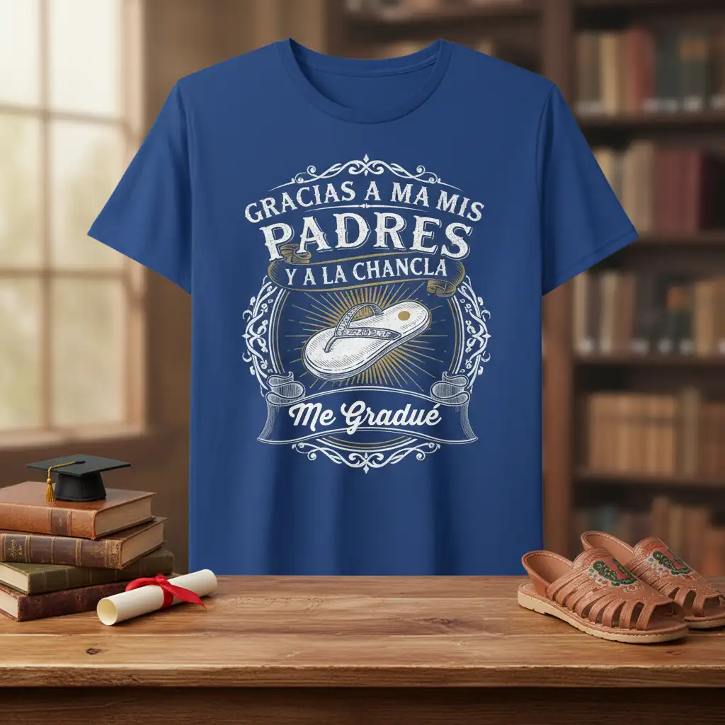 Gracias A Ma Mis Padres Y A La Chancla Me Gradué quote on a blue t-shirt with a flip-flop emblem