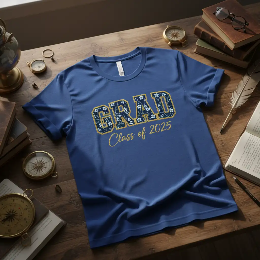 GRAD Class of 2025 text design with floral pattern and gold script on blue t-shirt