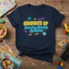 Graduate of Saturday Morning Cartoons t-shirt with colorful text, rockets, and a cartoon robot face