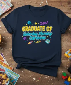 Graduate of Saturday Morning Cartoons t-shirt with colorful text, rockets, and a cartoon robot face