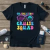 Graduation Cruise Squad text in colorful retro font with sunglasses reflecting a cityscape and cruise ship