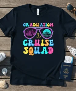 Graduation Cruise Squad text in colorful retro font with sunglasses reflecting a cityscape and cruise ship