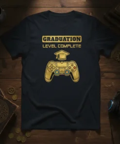 Graduation Level Complete gamer t-shirt featuring a golden controller with a graduation cap on top