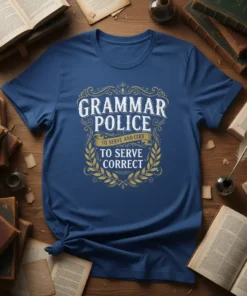 Grammar Police To Serve And Code To Serve Correct text in white and gold on a blue t-shirt, featuring decorative