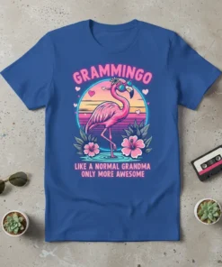 Grammingo Like A Normal Grandma Only More Awesome flamingo t-shirt design with retro sunset and pink flowers