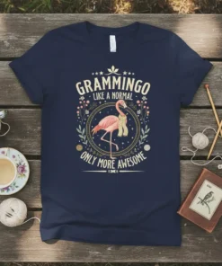 Navy t-shirt with "Grammingo Like a Normal Only More Awesome" text and a flamingo graphic