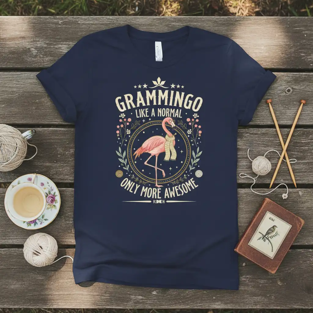 Grammingo Like a Normal Only More Awesome quote on a navy tee with a flamingo illustration