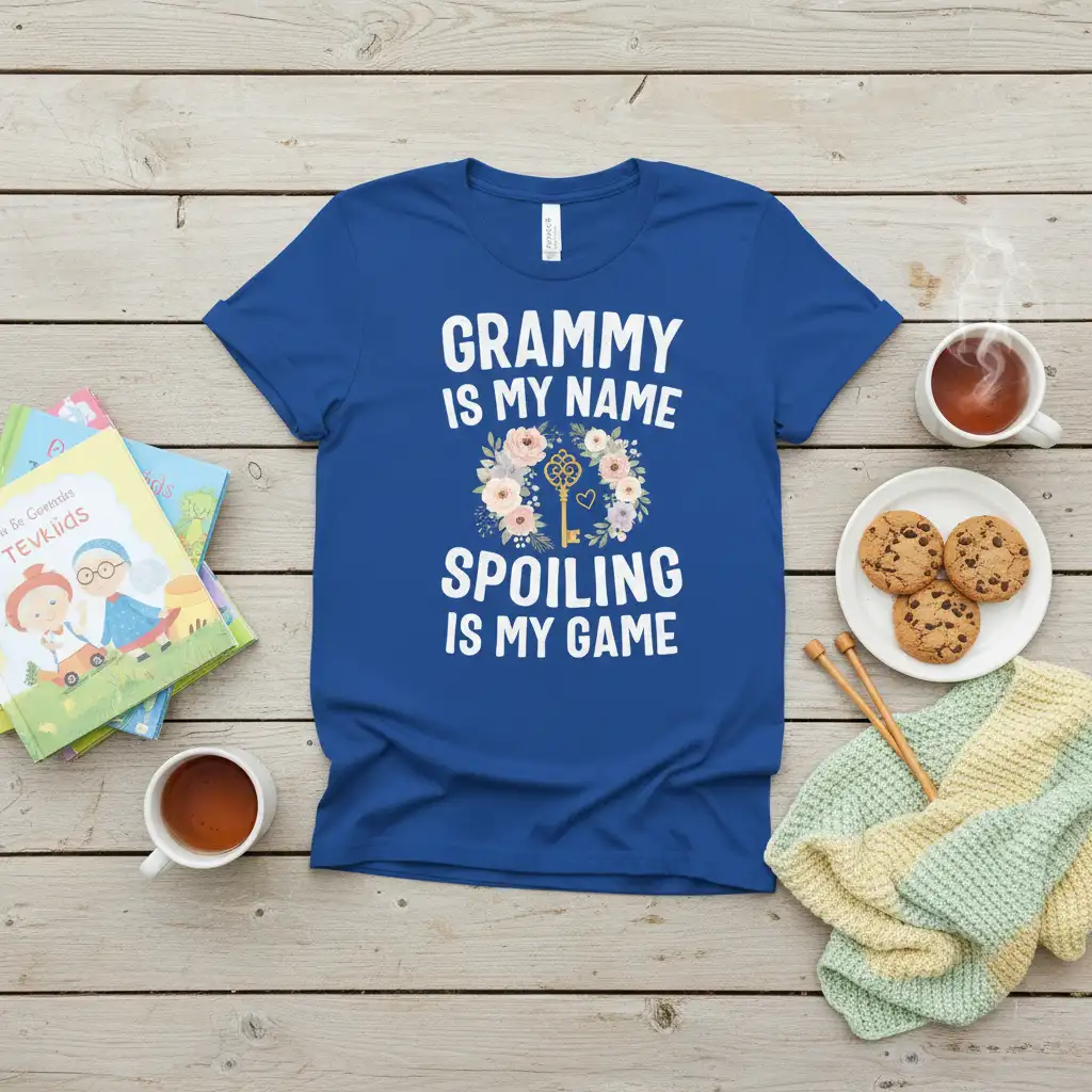 Grammy Is My Name Spoiling Is My Game quote on a blue t-shirt with floral wreath and key graphic