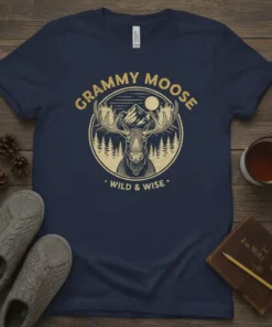 Grammy Moose Wild & Wise t-shirt design featuring a moose silhouette, mountains, and trees in a circular emblem
