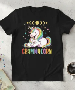 Grammycorn t-shirt design featuring a mother and baby unicorn with colorful manes and the text Grammycorn