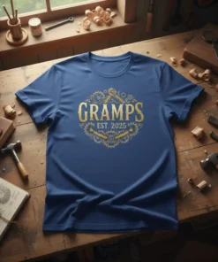 Gramps Est. 2025 t-shirt with ornate gear design, announcing new grandfatherhood in 2025