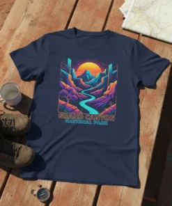Grand Canyon National Park text with retro sunset landscape graphic on navy blue t-shirt