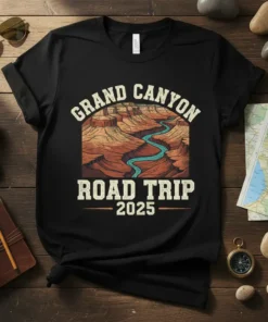 Grand Canyon Road Trip 2025 t-shirt design featuring a vintage illustration of the canyon and river with travel text