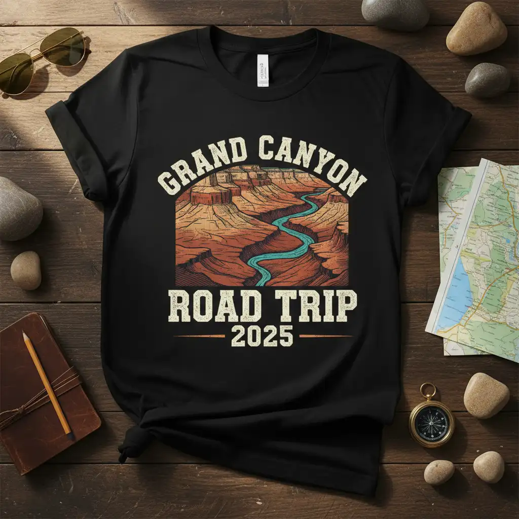 Grand Canyon Road Trip 2025 vintage illustration t-shirt design with desert landscape and river