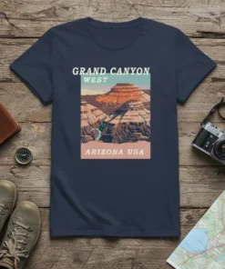 Grand Canyon West Arizona USA text and landscape graphic on a navy blue t-shirt, vintage travel poster style