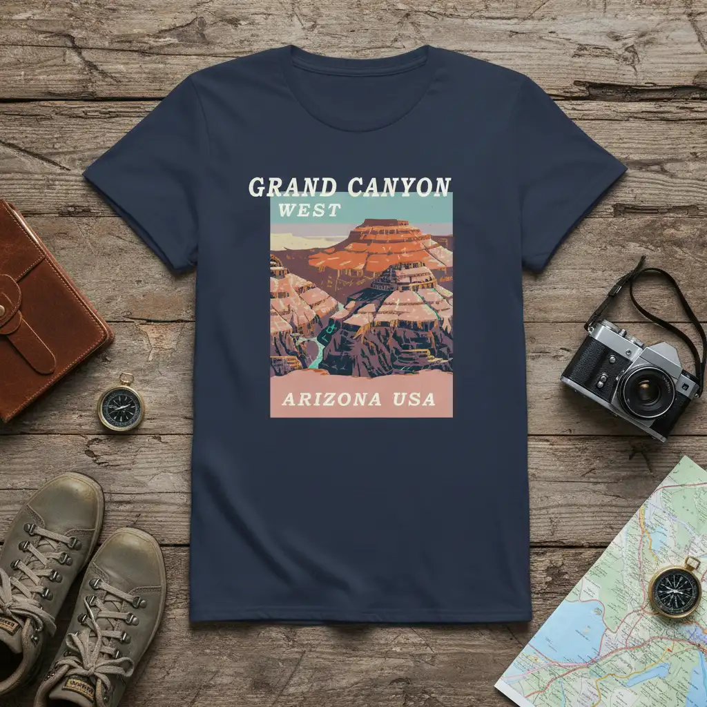 Grand Canyon West Arizona USA vintage travel poster design on a navy blue t-shirt for outdoor enthusiasts