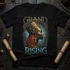 Grand Rising Egyptian Queen T-Shirt with a profile of a regal woman in a golden headdress and ankh symbol