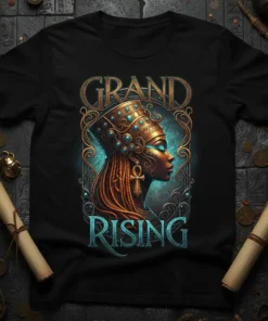 Grand Rising Egyptian Queen T-Shirt with a profile of a regal woman in a golden headdress and ankh symbol