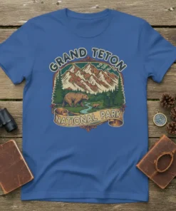 Grand Teton National Park t-shirt design with bear, cub, river, and mountains