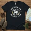 Black t-shirt with distressed graphic of a moose, mountains, and trees for Grand Teton National Park, est. 1929