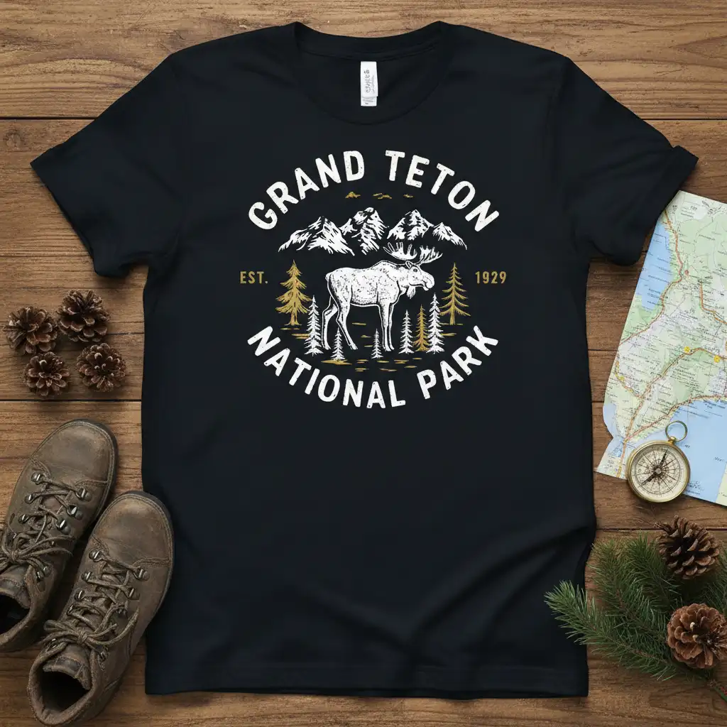 Grand Teton National Park t-shirt design with a vintage moose and mountain graphic, est. 1929