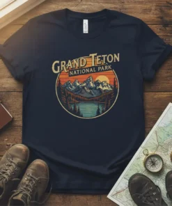 Grand Teton National Park vintage graphic tee with mountains, lake, and pine trees