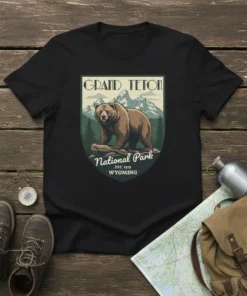 Grand Teton National Park Wyoming t-shirt with a bear graphic and mountain landscape