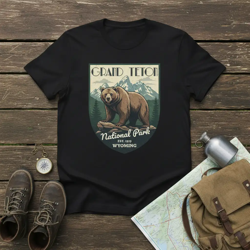 Grand Teton National Park Wyoming bear graphic with mountain backdrop and park text