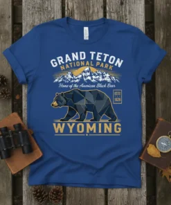 Grand Teton National Park Wyoming t-shirt with black bear, mountains, and "Home of the American Black Bear" text