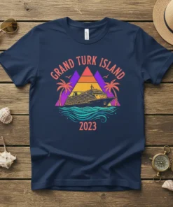 Grand Turk Island 2023 t-shirt design with a cruise ship, palm trees, and a colorful sunset