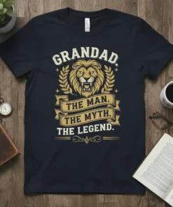 Grandad The Man The Myth The Legend quote t-shirt with a lion emblem and laurel wreath design