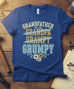 Grandfather Grandpa Grampy Grumpy funny t-shirt design with crossed-out names and gears graphic