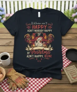 If Mama ain't HAPPY ain't NOBODY HAPPY IF Grandma AIN'T HAPPY. RUN! text with roosters and a chicken graphic on