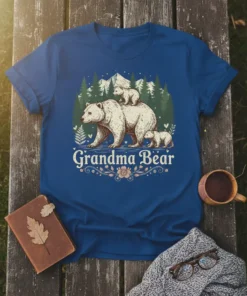 Grandma Bear t-shirt design with a mother bear and two cubs walking in a forest setting