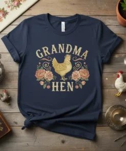 Grandma Hen t-shirt with a golden hen illustration surrounded by pink roses and vintage lettering
