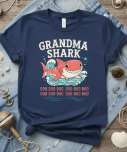 Grandma Shark doo doo doo t-shirt with cute cartoon shark illustration and wave graphics