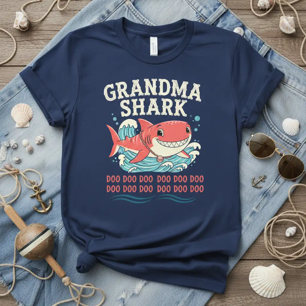 Grandma Shark doo doo doo t-shirt design featuring a smiling cartoon shark in waves