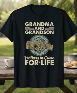 Grandma and Grandson Partners in Crime For*Life text with fist-bump graphic on a black t-shirt