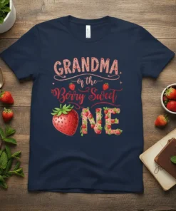 Grandma of the Berry Sweet One t-shirt with strawberry graphics and glitter text for a first birthday celebration